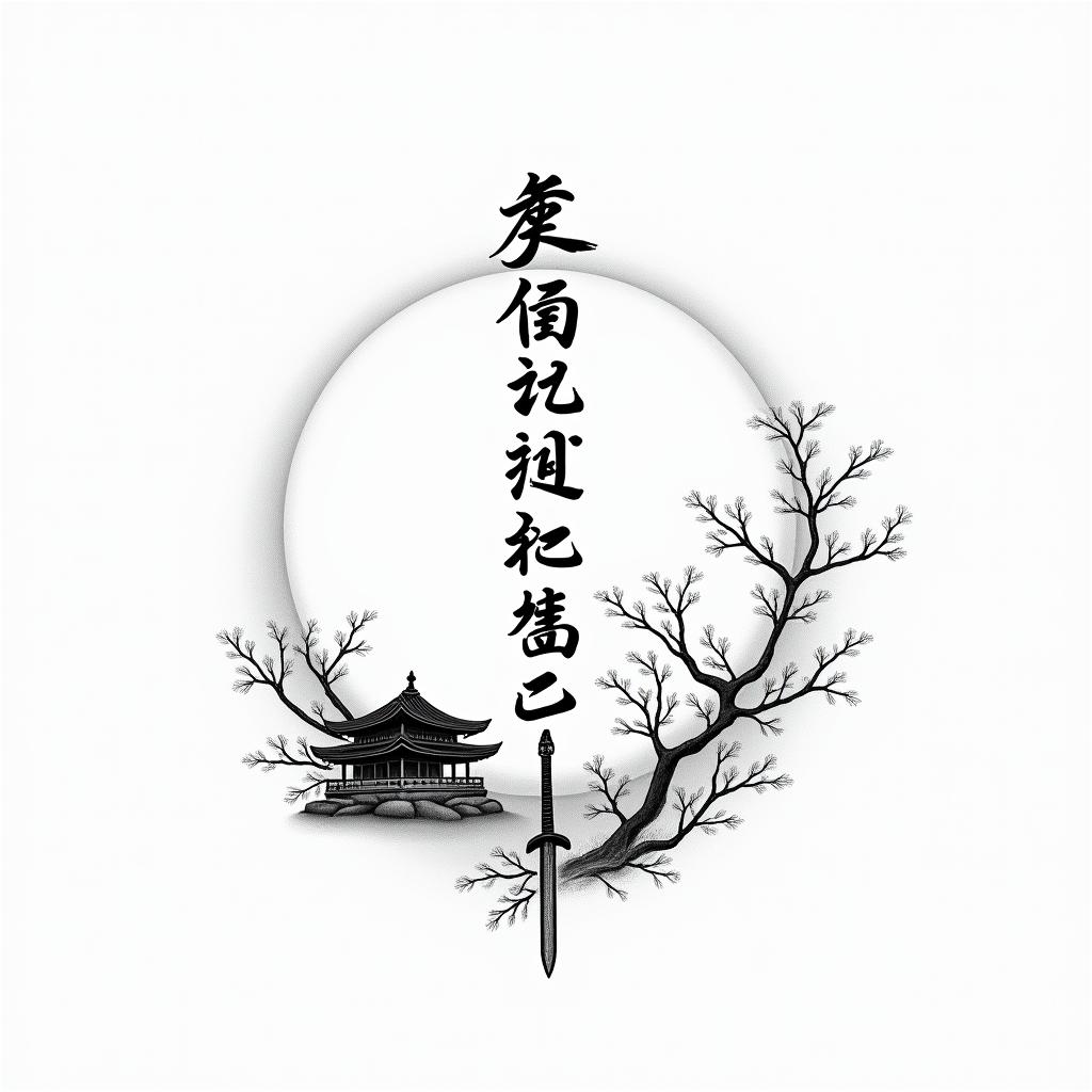 A minimalist tattoo design featuring the word "résilience" in elegant Japanese calligraphy, set in a serene Japanese landscape that embodies zen. The scene includes a traditional temple, delicate cherry blossom flowers, and a sleek katana, all rendered in a micro-realistic style with emphasis on line and shadow. The overall aesthetic captures courage and strength while maintaining a tranquil atmosphere.higly detailed tattoo - Variation 4