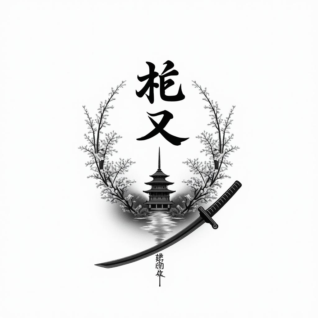 A minimalist tattoo design featuring the word "résilience" in elegant Japanese calligraphy, set in a serene Japanese landscape that embodies zen. The scene includes a traditional temple, delicate cherry blossom flowers, and a sleek katana, all rendered in a micro-realistic style with emphasis on line and shadow. The overall aesthetic captures courage and strength while maintaining a tranquil atmosphere.higly detailed tattoo - Variation 3