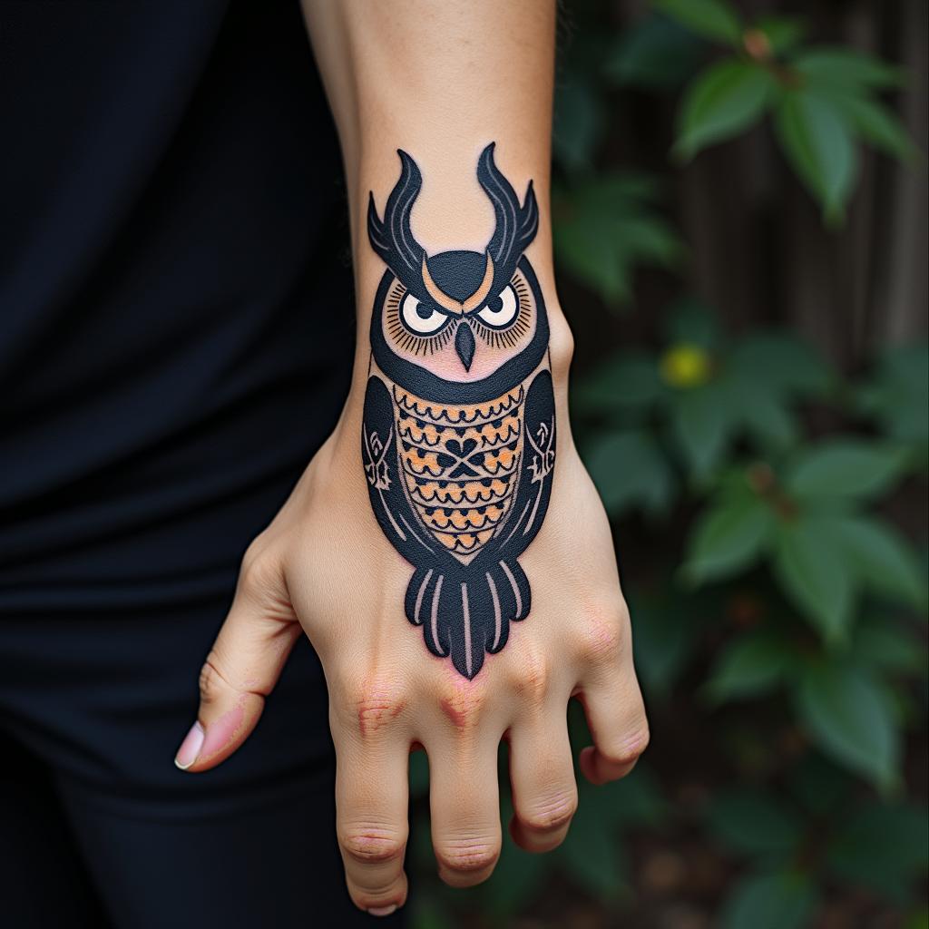 Angry Horned Owlin spiritual symbols tattoo style, featuring an intricate design incorporating elements, Hamsa hand, third eye, minimalist composition - Variation 2