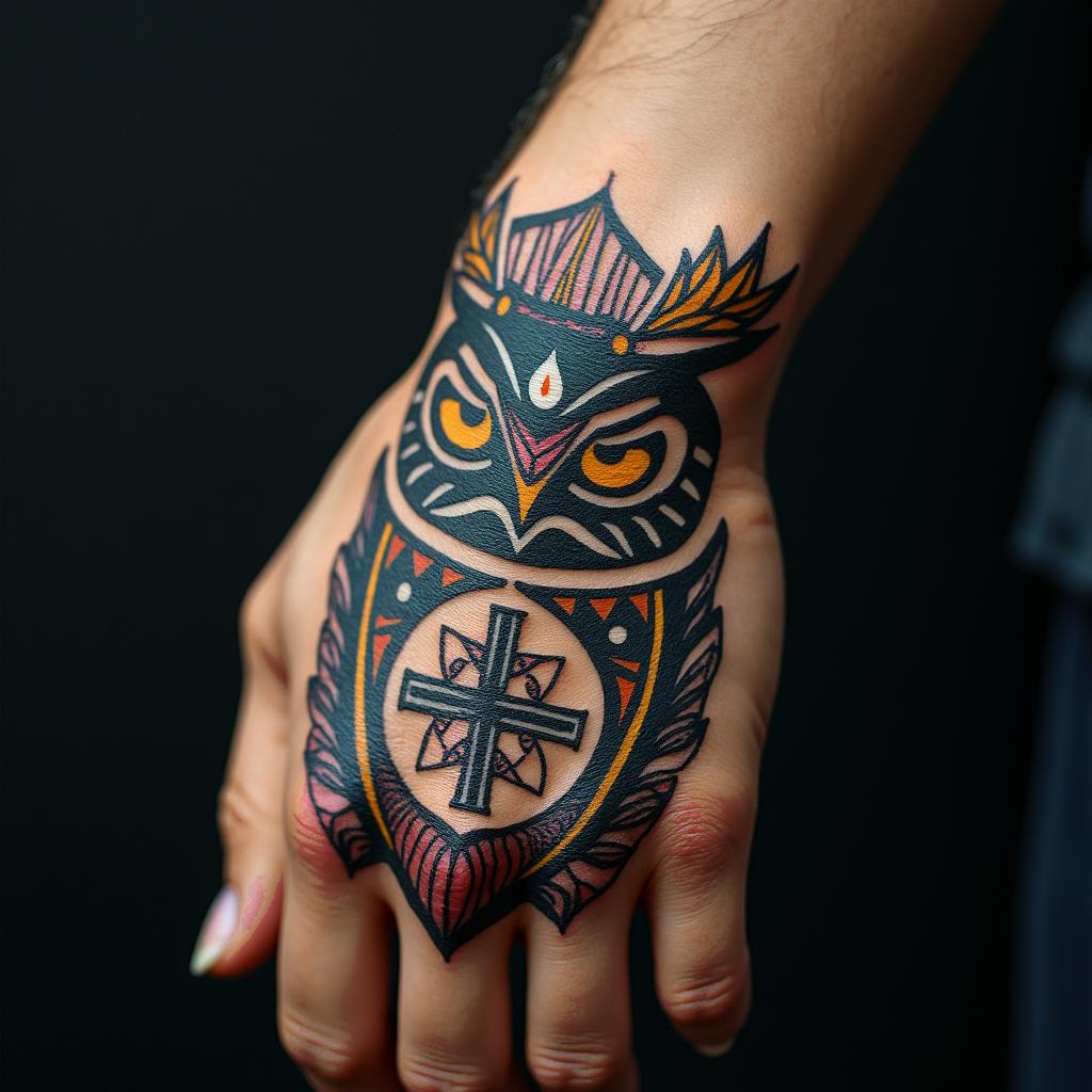 Angry Horned Owlin spiritual symbols tattoo style, featuring an intricate design incorporating elements, Hamsa hand, third eye, minimalist composition - Variation 4