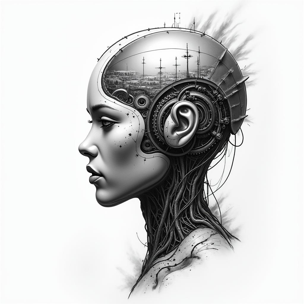 Landscapestattoo in biomechanic style, the tattoo covered by robotic elements of futuristic cyberpunk design, robotic features detail, showcasing intricate mechanical components - Variation 3