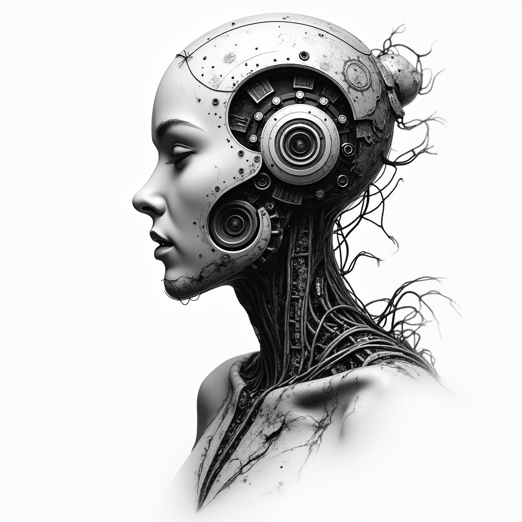 Landscapestattoo in biomechanic style, the tattoo covered by robotic elements of futuristic cyberpunk design, robotic features detail, showcasing intricate mechanical components - Variation 4