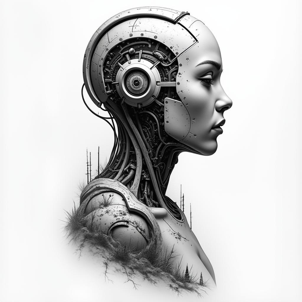 Landscapestattoo in biomechanic style, the tattoo covered by robotic elements of futuristic cyberpunk design, robotic features detail, showcasing intricate mechanical components