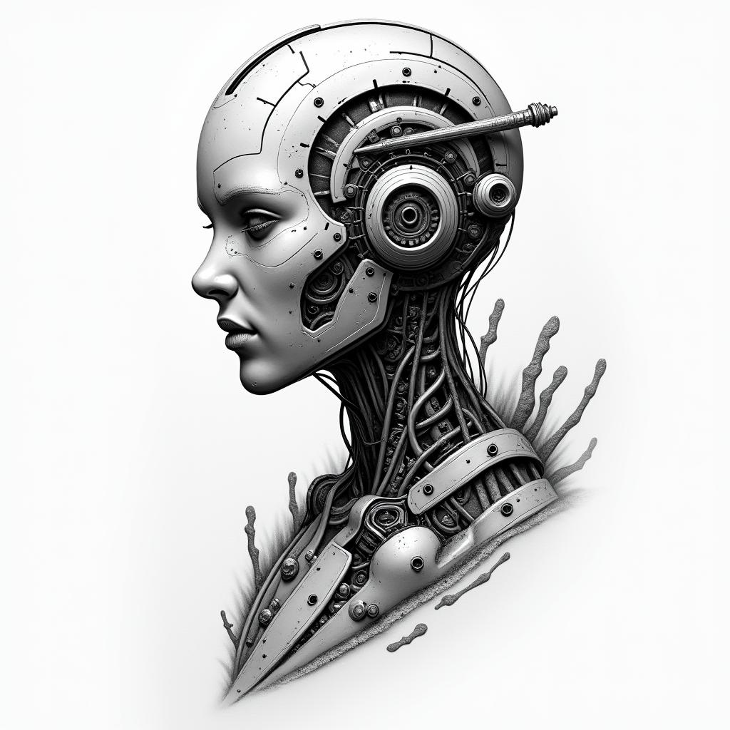 Landscapestattoo in biomechanic style, the tattoo covered by robotic elements of futuristic cyberpunk design, robotic features detail, showcasing intricate mechanical components - Variation 2