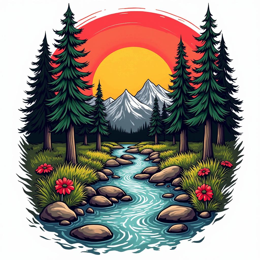 Forest and stream, adorned with an inscription saying "Timon."in pop art style tattoo, featuring bold and vibrant colors, exaggerated outlines, iconic imagery, inspired by comic books and speech bubbles, comic book characters, retro pop culture - Variation 3
