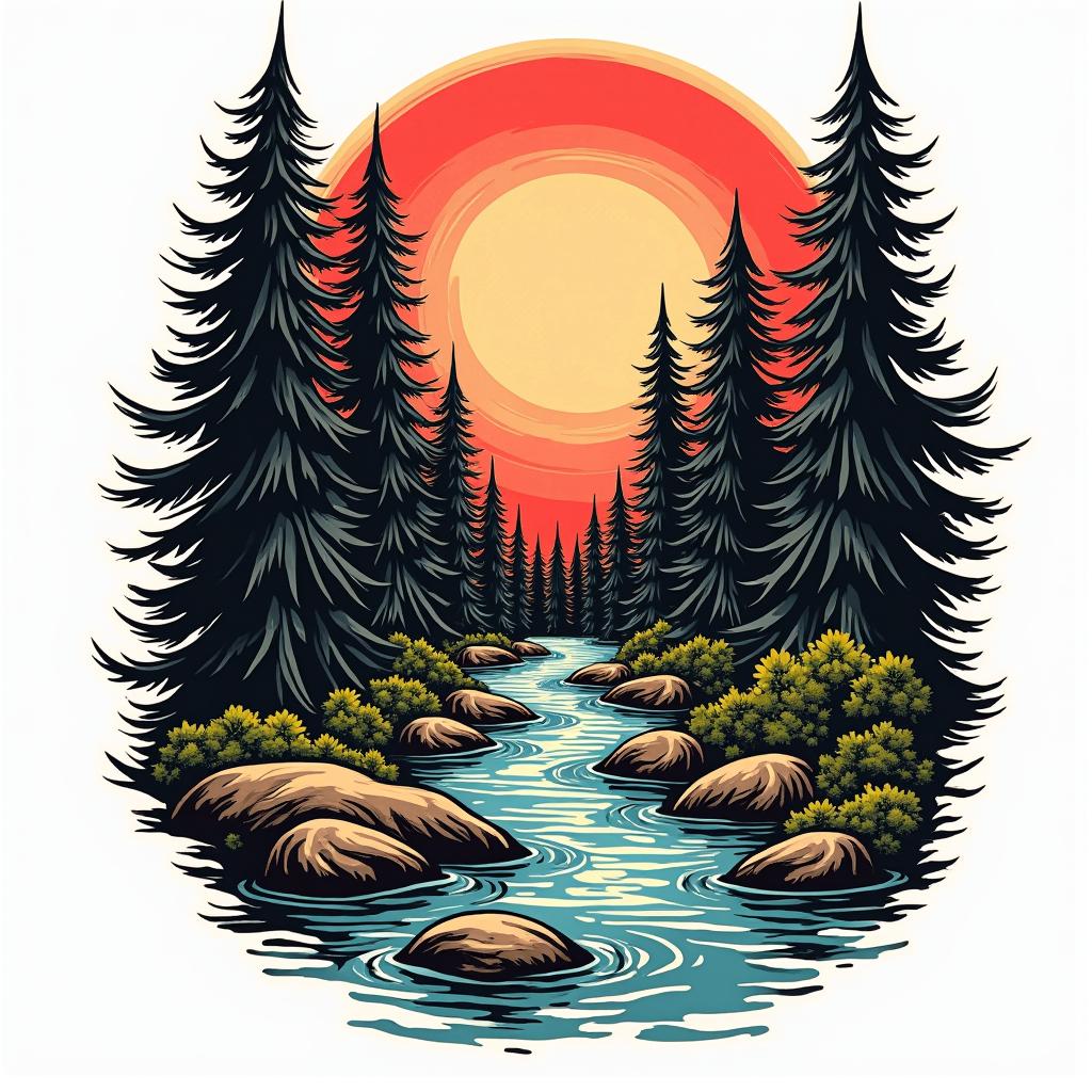 Forest and stream, adorned with an inscription saying "Timon."in pop art style tattoo, featuring bold and vibrant colors, exaggerated outlines, iconic imagery, inspired by comic books and speech bubbles, comic book characters, retro pop culture - Variation 2