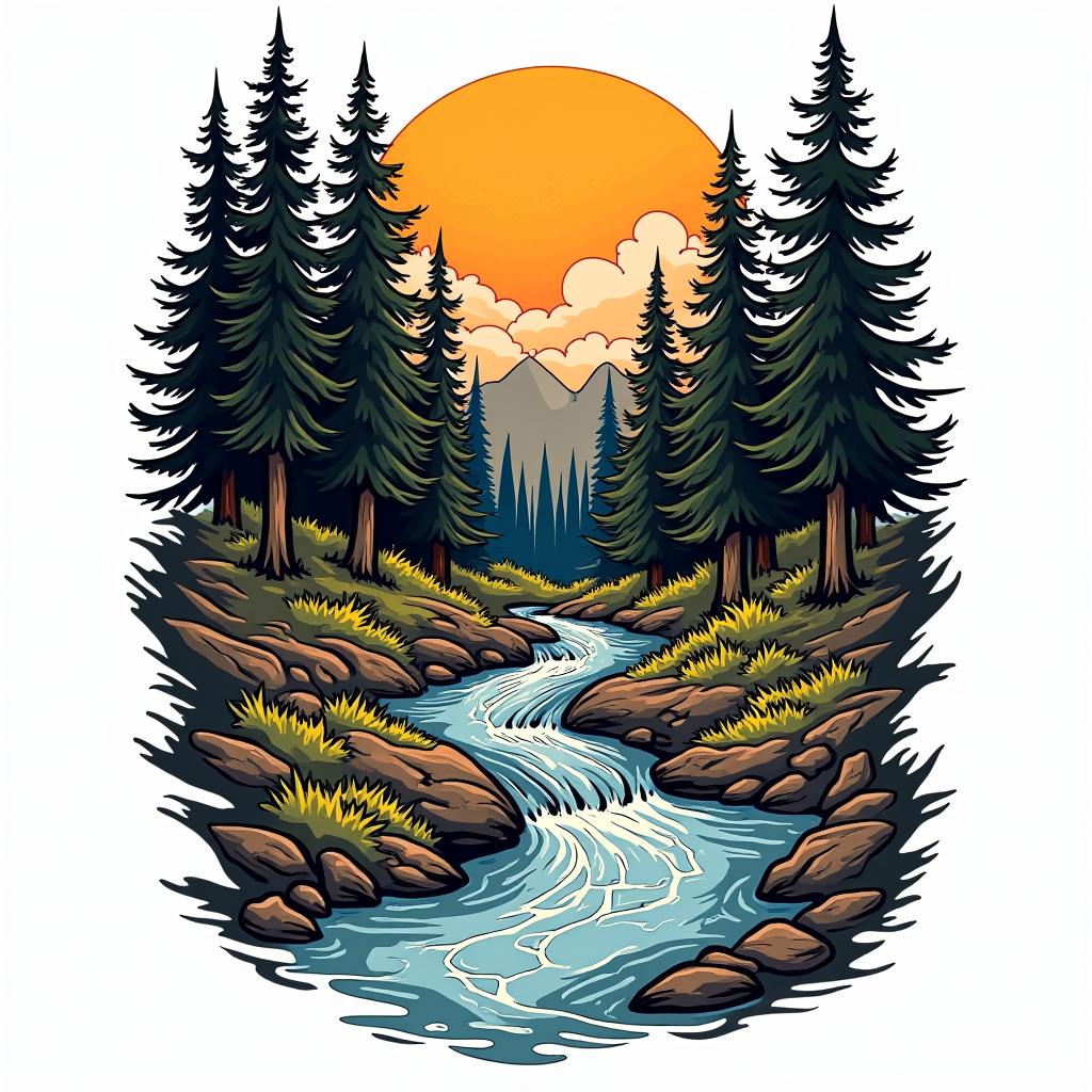 Forest and stream, adorned with an inscription saying "Timon."in pop art style tattoo, featuring bold and vibrant colors, exaggerated outlines, iconic imagery, inspired by comic books and speech bubbles, comic book characters, retro pop culture
