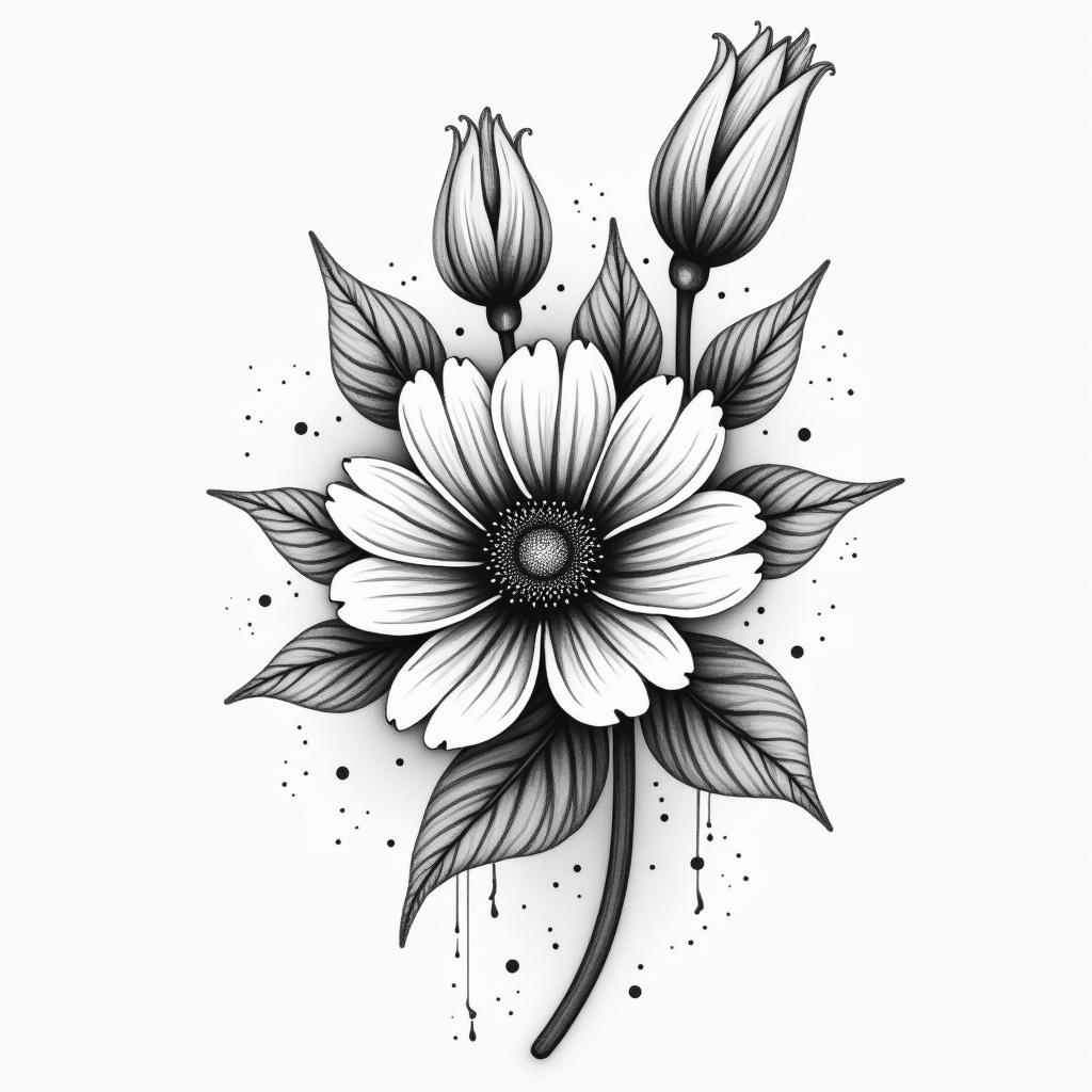 K,e,m,f flower watercolorin bohemian style tattoo, 8k