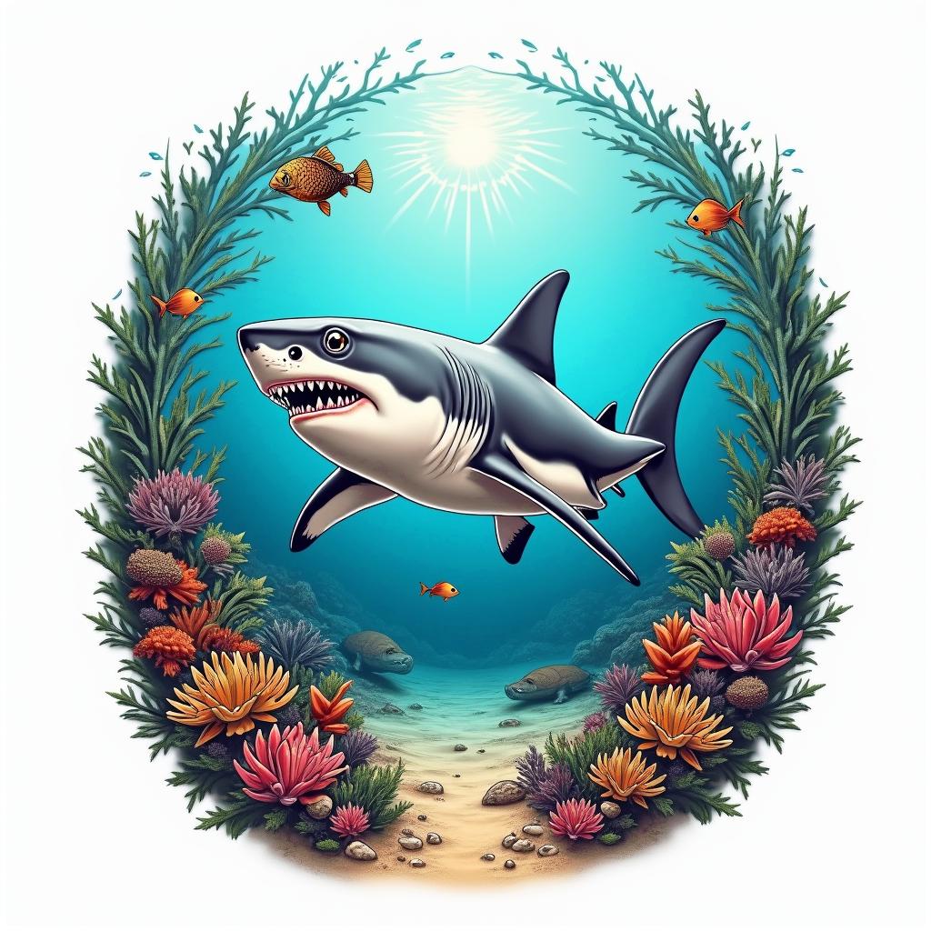 A semi-realistic tattoo design featuring a great white shark swimming through a vibrant coral reef, symbolizing freedom and a love for the ocean. The scene includes a variety of tropical fish, a detailed sea floor with sand and shells, and a turtle gracefully swimming in the background. The design showcases bright colors and the reflection of light from above, capturing the beauty and serenity of the underwater world, in a detailed format measuring 30cm.higly detailed tattoo - Variation 3