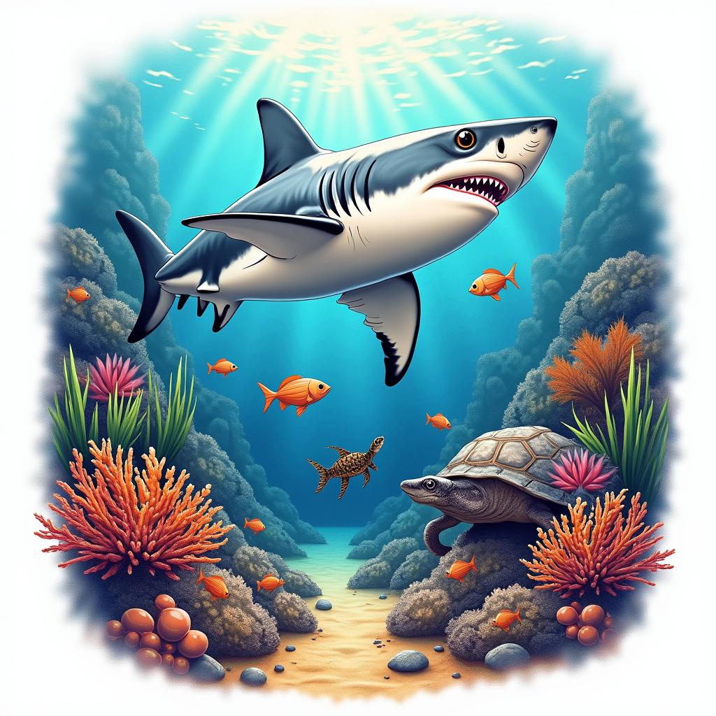 A semi-realistic tattoo design featuring a great white shark swimming through a vibrant coral reef, symbolizing freedom and a love for the ocean. The scene includes a variety of tropical fish, a detailed sea floor with sand and shells, and a turtle gracefully swimming in the background. The design showcases bright colors and the reflection of light from above, capturing the beauty and serenity of the underwater world, in a detailed format measuring 30cm.higly detailed tattoo - Variation 4