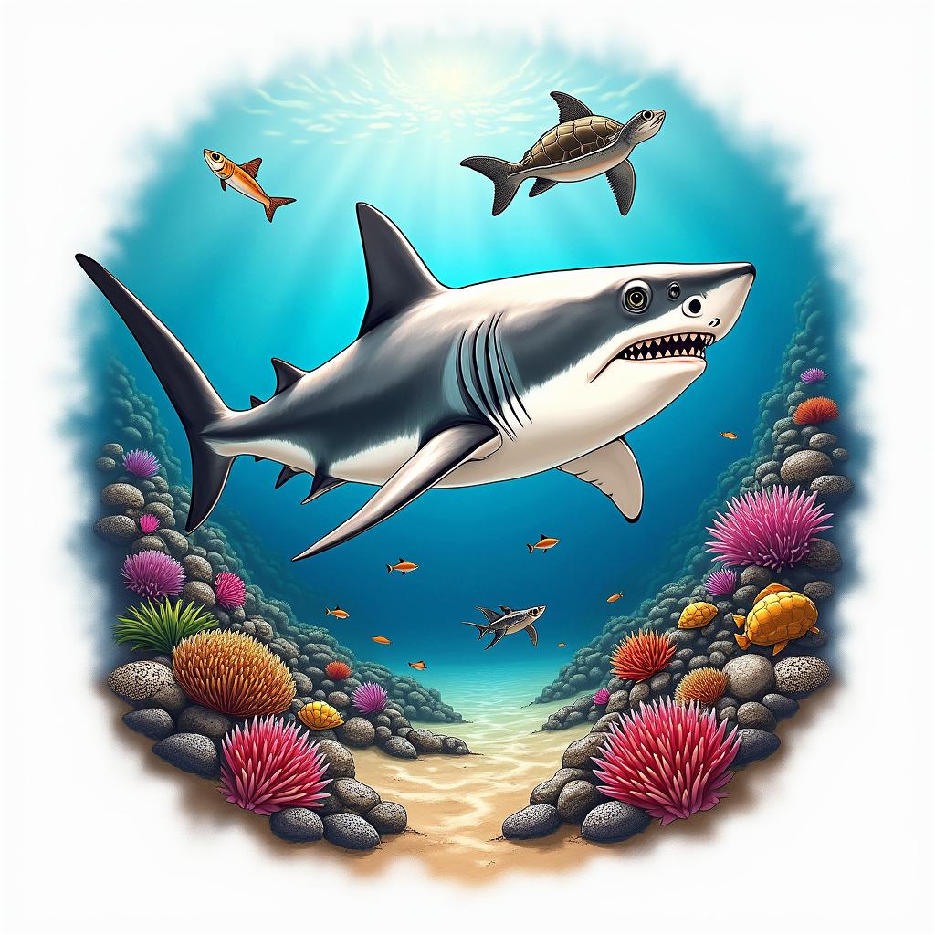 A semi-realistic tattoo design featuring a great white shark swimming through a vibrant coral reef, symbolizing freedom and a love for the ocean. The scene includes a variety of tropical fish, a detailed sea floor with sand and shells, and a turtle gracefully swimming in the background. The design showcases bright colors and the reflection of light from above, capturing the beauty and serenity of the underwater world, in a detailed format measuring 30cm.higly detailed tattoo