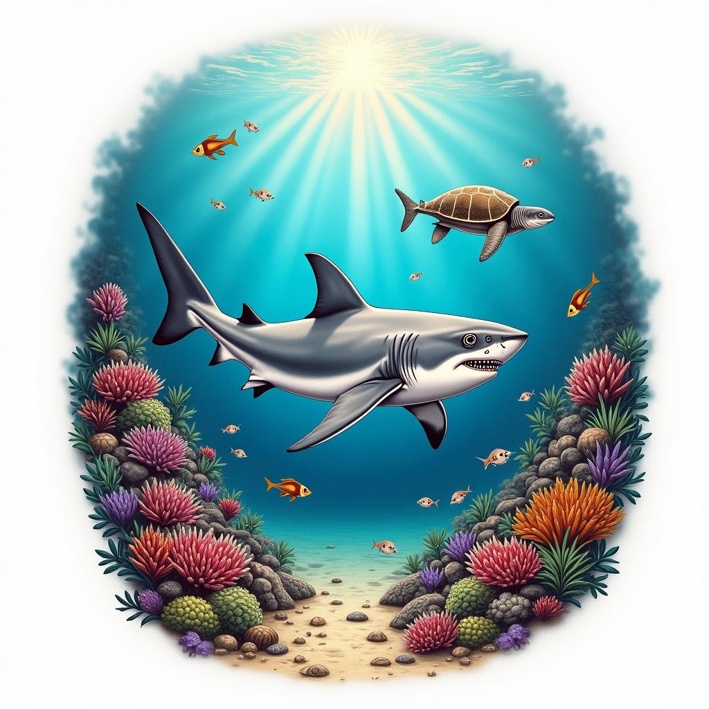 A semi-realistic tattoo design featuring a great white shark swimming through a vibrant coral reef, symbolizing freedom and a love for the ocean. The scene includes a variety of tropical fish, a detailed sea floor with sand and shells, and a turtle gracefully swimming in the background. The design showcases bright colors and the reflection of light from above, capturing the beauty and serenity of the underwater world, in a detailed format measuring 30cm.higly detailed tattoo - Variation 2