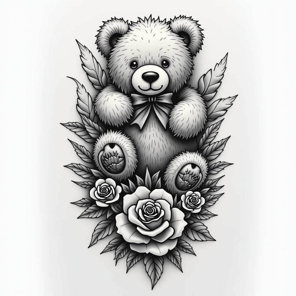 a sleeve including the dates 02/21/2023-08/1/2024 with a teddy bear some roses and doves with a quote that says “you gained your wings but will forever be in my heart” with the name Devoneir A.Hin portrait tattoo style, featuring a highly realistic and detailed depiction  - Variation 3