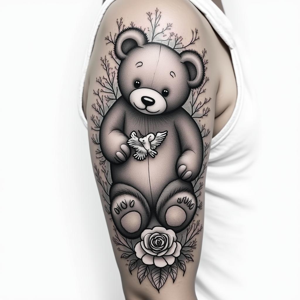 a sleeve including the dates 02/21/2023-08/1/2024 with a teddy bear some roses and doves with a quote that says “you gained your wings but will forever be in my heart” with the name Devoneir A.Hin portrait tattoo style, featuring a highly realistic and detailed depiction  - Variation 2