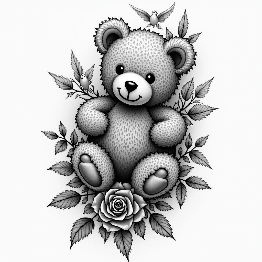 a sleeve including the dates 02/21/2023-08/1/2024 with a teddy bear some roses and doves with a quote that says “you gained your wings but will forever be in my heart” with the name Devoneir A.Hin portrait tattoo style, featuring a highly realistic and detailed depiction  - Variation 4
