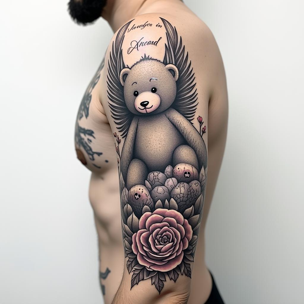 a sleeve including the dates 02/21/2023-08/1/2024 with a teddy bear some roses and doves with a quote that says “you gained your wings but will forever be in my heart” with the name Devoneir A.Hin portrait tattoo style, featuring a highly realistic and detailed depiction 