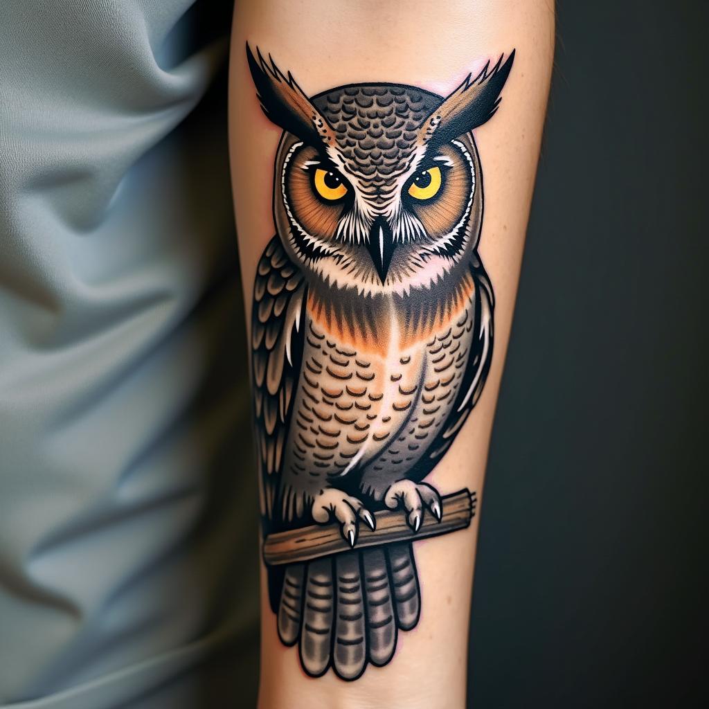 Angry Horned Owltext-based tattoo, japanese font ultra-realistic, perfectly placed, high-quality font design, photo-realistic shading, 8k, high quality, finely detailed typograph - Variation 3
