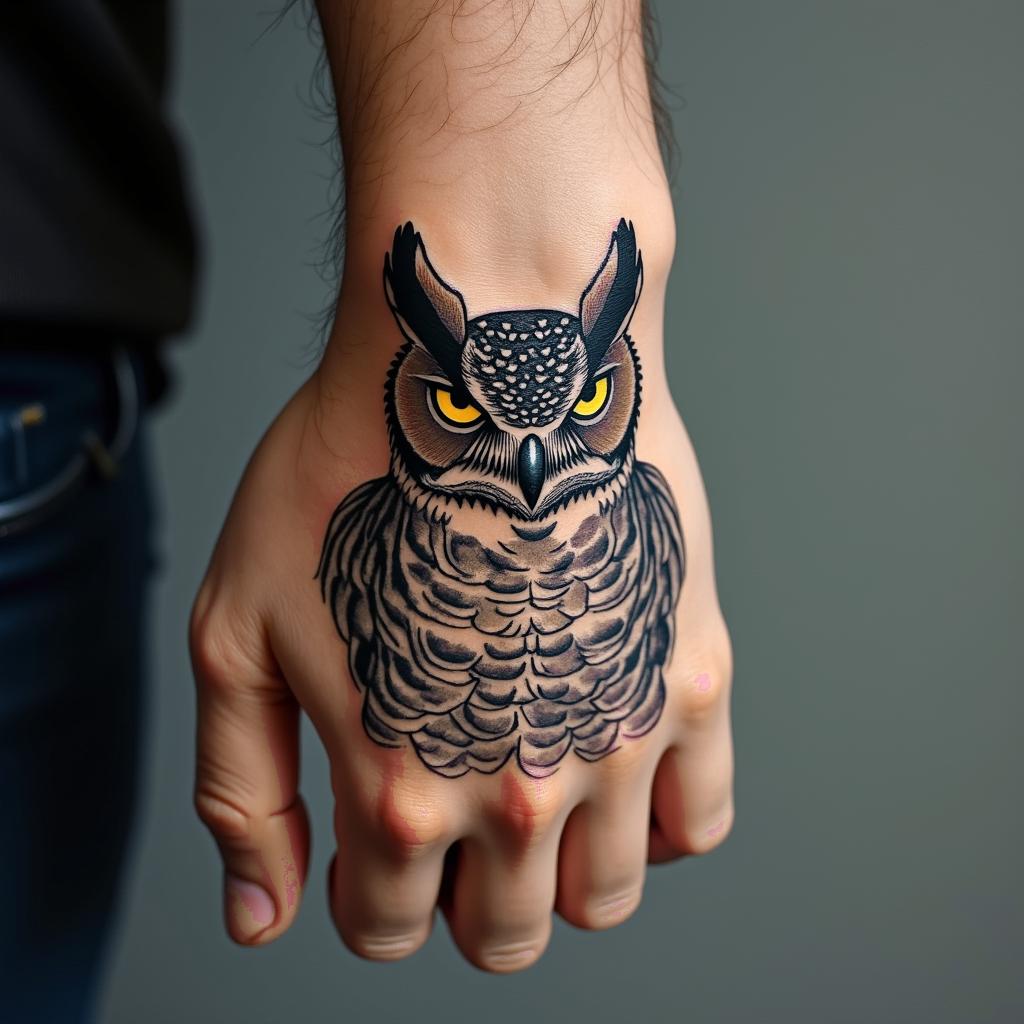 Angry Horned Owltext-based tattoo, japanese font ultra-realistic, perfectly placed, high-quality font design, photo-realistic shading, 8k, high quality, finely detailed typograph