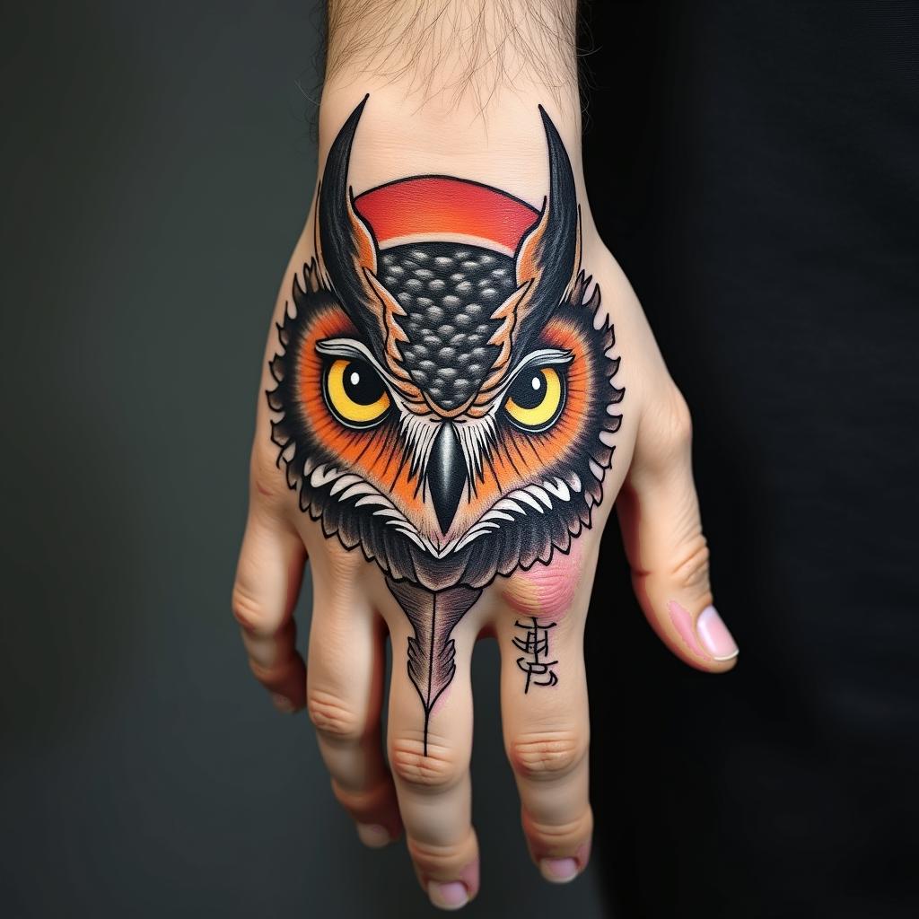 Angry Horned Owltext-based tattoo, japanese font ultra-realistic, perfectly placed, high-quality font design, photo-realistic shading, 8k, high quality, finely detailed typograph - Variation 4