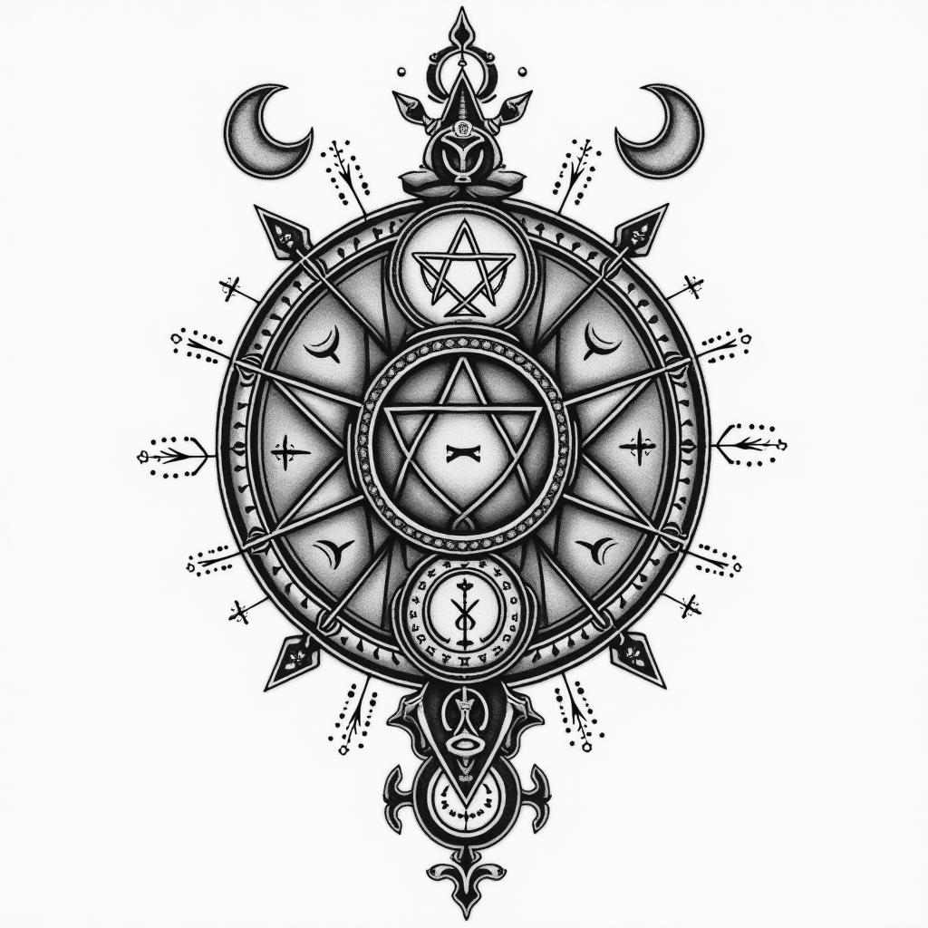 Librain paganic style tattoo, featuring ancient symbols, add vegvisir symbol, mystical figures, incorporating designs, pentagrams, runes, crescent moons, - Variation 2