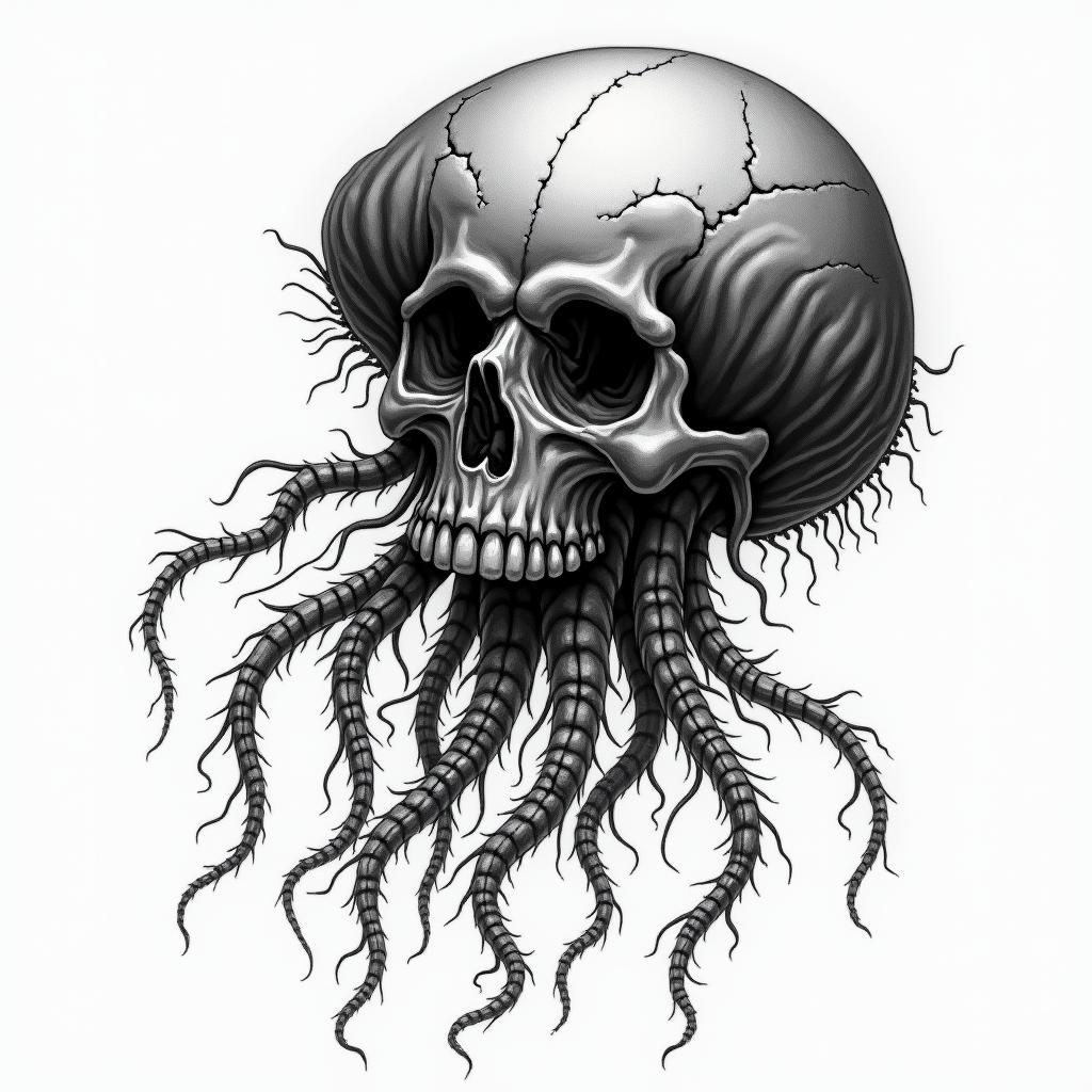 Jellyfish in horror tattoo style, showcasing haunting and unsettling, dark and gritty textures with skulls, eerie faces, jgged designs, bold and intense shading - Variation 2