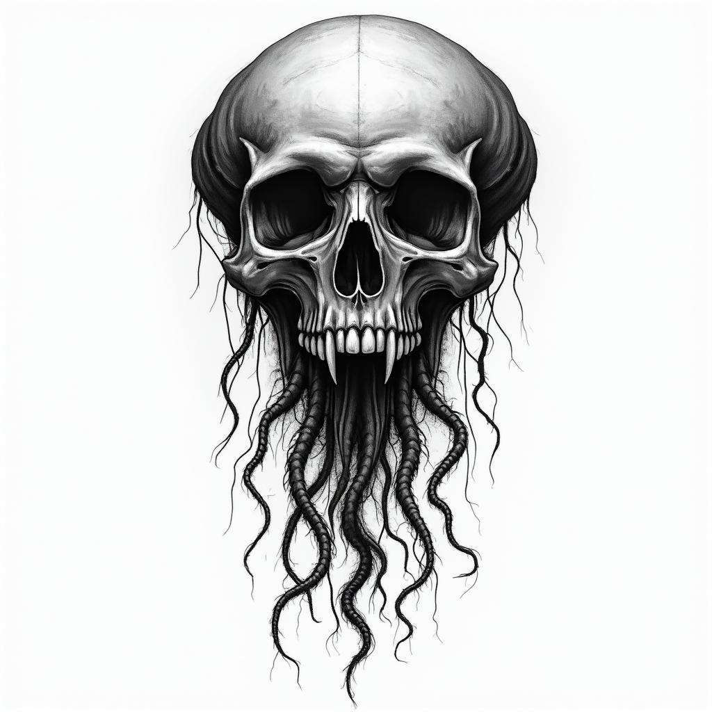 Jellyfish in horror tattoo style, showcasing haunting and unsettling, dark and gritty textures with skulls, eerie faces, jgged designs, bold and intense shading