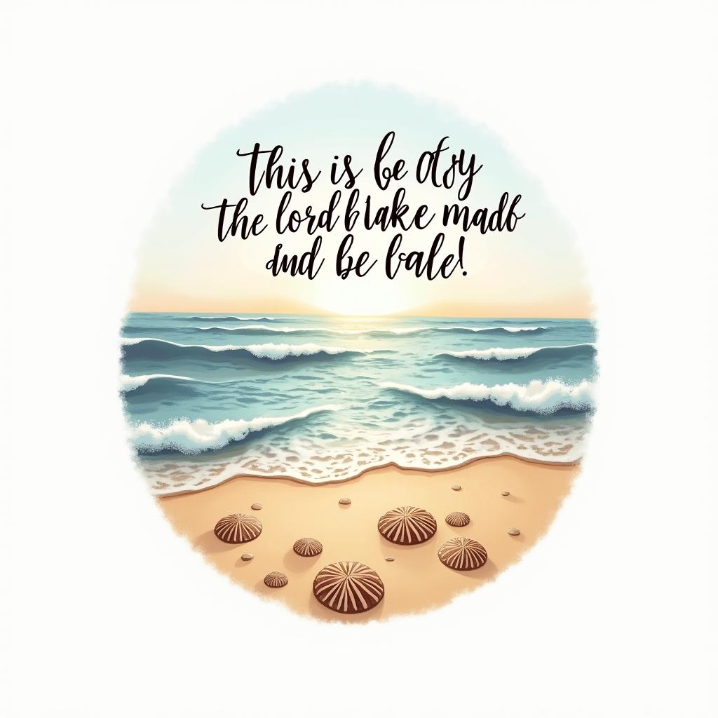 A serene beach scene in New Hampshire featuring sand dollars scattered across the warm golden sands, with gentle rolling waves in the background. Above this peaceful landscape, artistically incorporate the quote "This is the day the lord has made; let us rejoice and be glad!" in an elegant, flowing script, surrounded by soft pastel colors to enhance the feeling of tranquility and joy. The design blends realistic and abstract elements, evoking a sense of calm and celebration.higly detailed tattoo - Variation 3