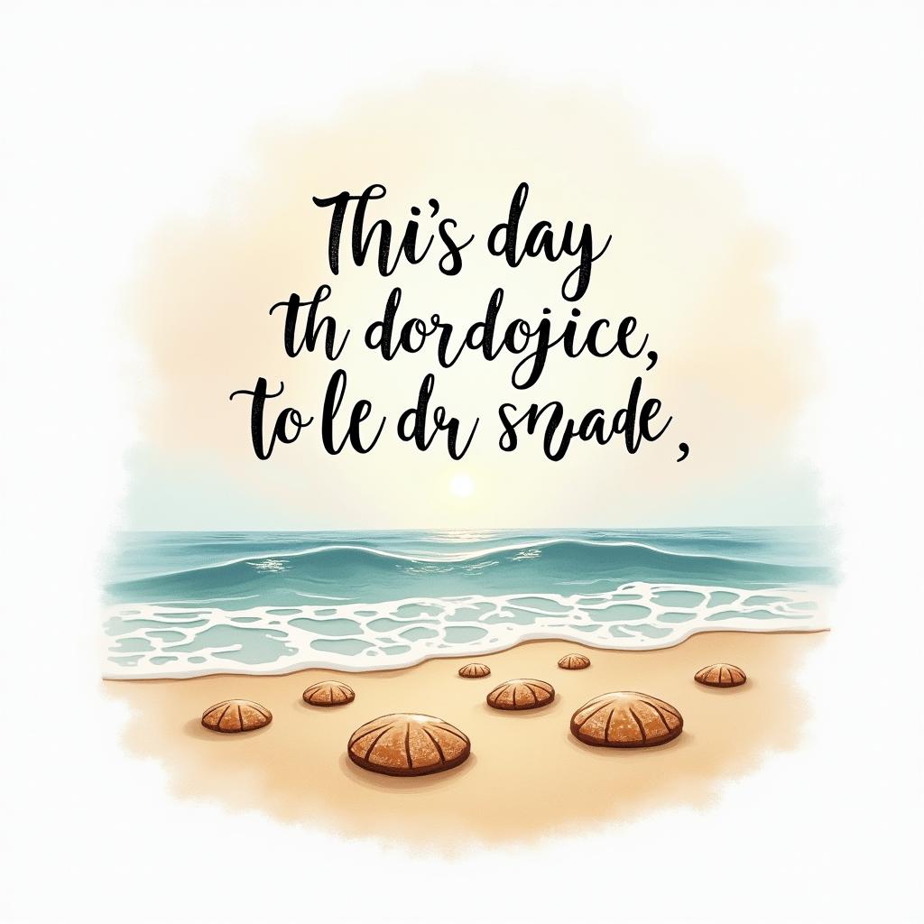 A serene beach scene in New Hampshire featuring sand dollars scattered across the warm golden sands, with gentle rolling waves in the background. Above this peaceful landscape, artistically incorporate the quote "This is the day the lord has made; let us rejoice and be glad!" in an elegant, flowing script, surrounded by soft pastel colors to enhance the feeling of tranquility and joy. The design blends realistic and abstract elements, evoking a sense of calm and celebration.higly detailed tattoo