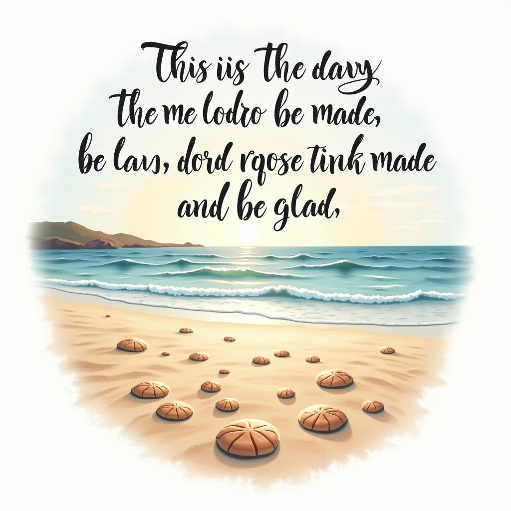 A serene beach scene in New Hampshire featuring sand dollars scattered across the warm golden sands, with gentle rolling waves in the background. Above this peaceful landscape, artistically incorporate the quote "This is the day the lord has made; let us rejoice and be glad!" in an elegant, flowing script, surrounded by soft pastel colors to enhance the feeling of tranquility and joy. The design blends realistic and abstract elements, evoking a sense of calm and celebration.higly detailed tattoo - Variation 4