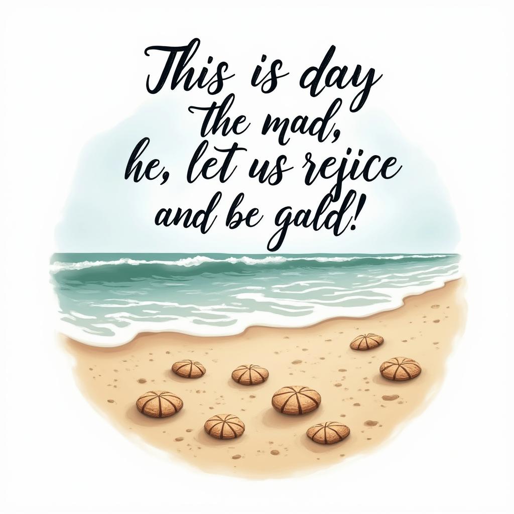 A serene beach scene in New Hampshire featuring sand dollars scattered across the warm golden sands, with gentle rolling waves in the background. Above this peaceful landscape, artistically incorporate the quote "This is the day the lord has made; let us rejoice and be glad!" in an elegant, flowing script, surrounded by soft pastel colors to enhance the feeling of tranquility and joy. The design blends realistic and abstract elements, evoking a sense of calm and celebration.higly detailed tattoo - Variation 2