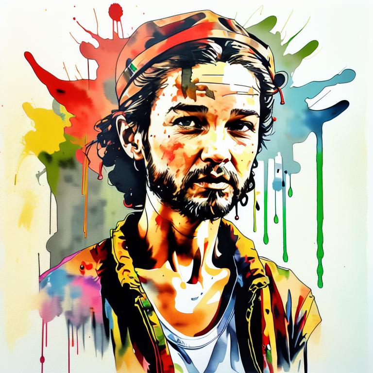  vibrant watercolor portrait with graffiti style face, fully white background, ,face with soft blending of warm and cool tones (orange, yellow, green),using shades of colors, contrast between light and shadow on the face, Bold color splashes and abstract drips in the background for a dynamic, artistic vibe, highly detailed tattoo, fully white background , dskinkpunkundefined - Variation 49