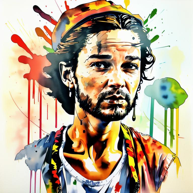  vibrant watercolor portrait with graffiti style face, fully white background, ,face with soft blending of warm and cool tones (orange, yellow, green),using shades of colors, contrast between light and shadow on the face, Bold color splashes and abstract drips in the background for a dynamic, artistic vibe, highly detailed tattoo, fully white background , dskinkpunkundefined - Variation 50