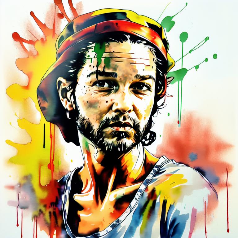  vibrant watercolor portrait with graffiti style face, fully white background, ,face with soft blending of warm and cool tones (orange, yellow, green),using shades of colors, contrast between light and shadow on the face, Bold color splashes and abstract drips in the background for a dynamic, artistic vibe, highly detailed tattoo, fully white background , dskinkpunkundefined - Variation 52