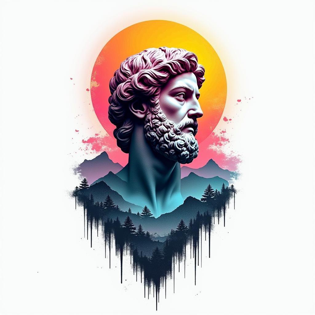 Mountain range with a rising sunin distorted and fragmented tattoo design, featuring a classical statue bust, in a glitch art style with vibrant, overlapping colors of cyan, magenta, and yellow, creating a digital distortion effect - Variation 2