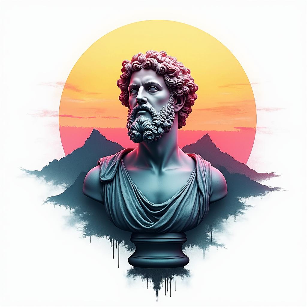 Mountain range with a rising sunin distorted and fragmented tattoo design, featuring a classical statue bust, in a glitch art style with vibrant, overlapping colors of cyan, magenta, and yellow, creating a digital distortion effect - Variation 3