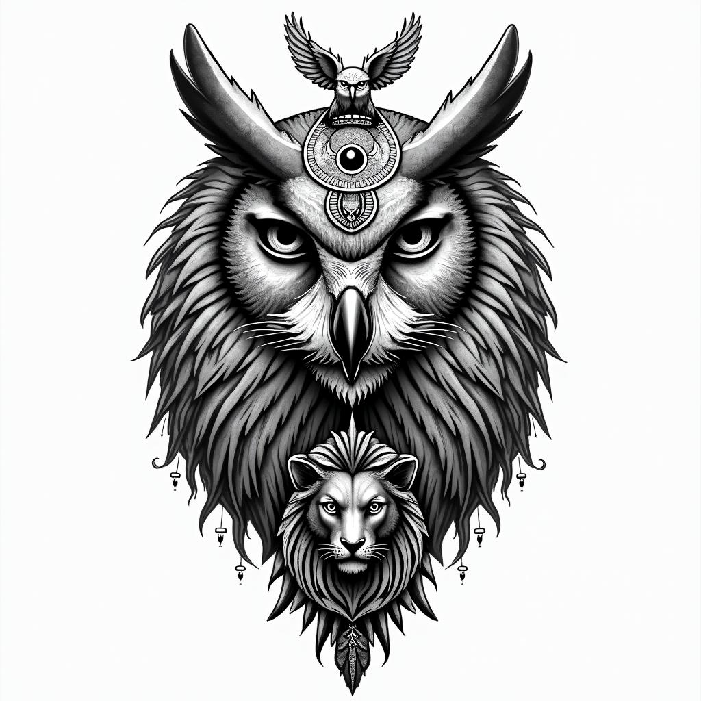 Owl and lion to represent courage and wisdomin egyptian style tattoo, bold elements of ancient egyptian culture including a portrait of an Egyptian pharaoh with detailed facial features, in hieroglyphs and symbolic imagery, eye of horus, ankh symbol, scarab beetle - Variation 7