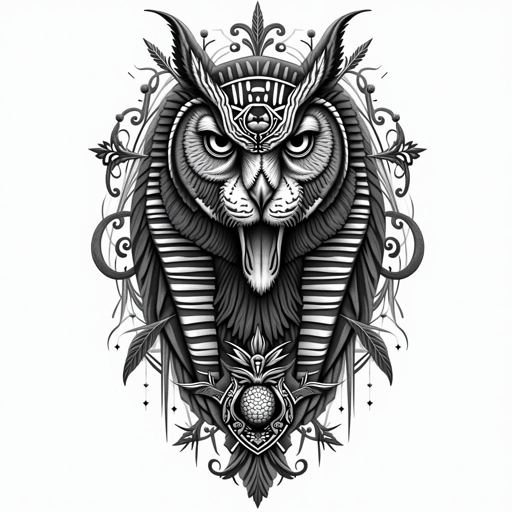Owl and lion to represent courage and wisdomin egyptian style tattoo, bold elements of ancient egyptian culture including a portrait of an Egyptian pharaoh with detailed facial features, in hieroglyphs and symbolic imagery, eye of horus, ankh symbol, scarab beetle - Variation 8