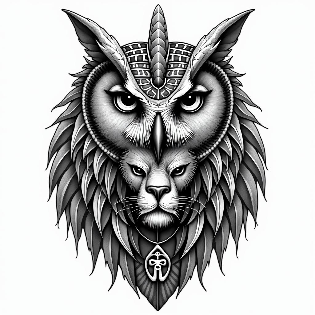 Owl and lion to represent courage and wisdomin egyptian style tattoo, bold elements of ancient egyptian culture including a portrait of an Egyptian pharaoh with detailed facial features, in hieroglyphs and symbolic imagery, eye of horus, ankh symbol, scarab beetle - Variation 6
