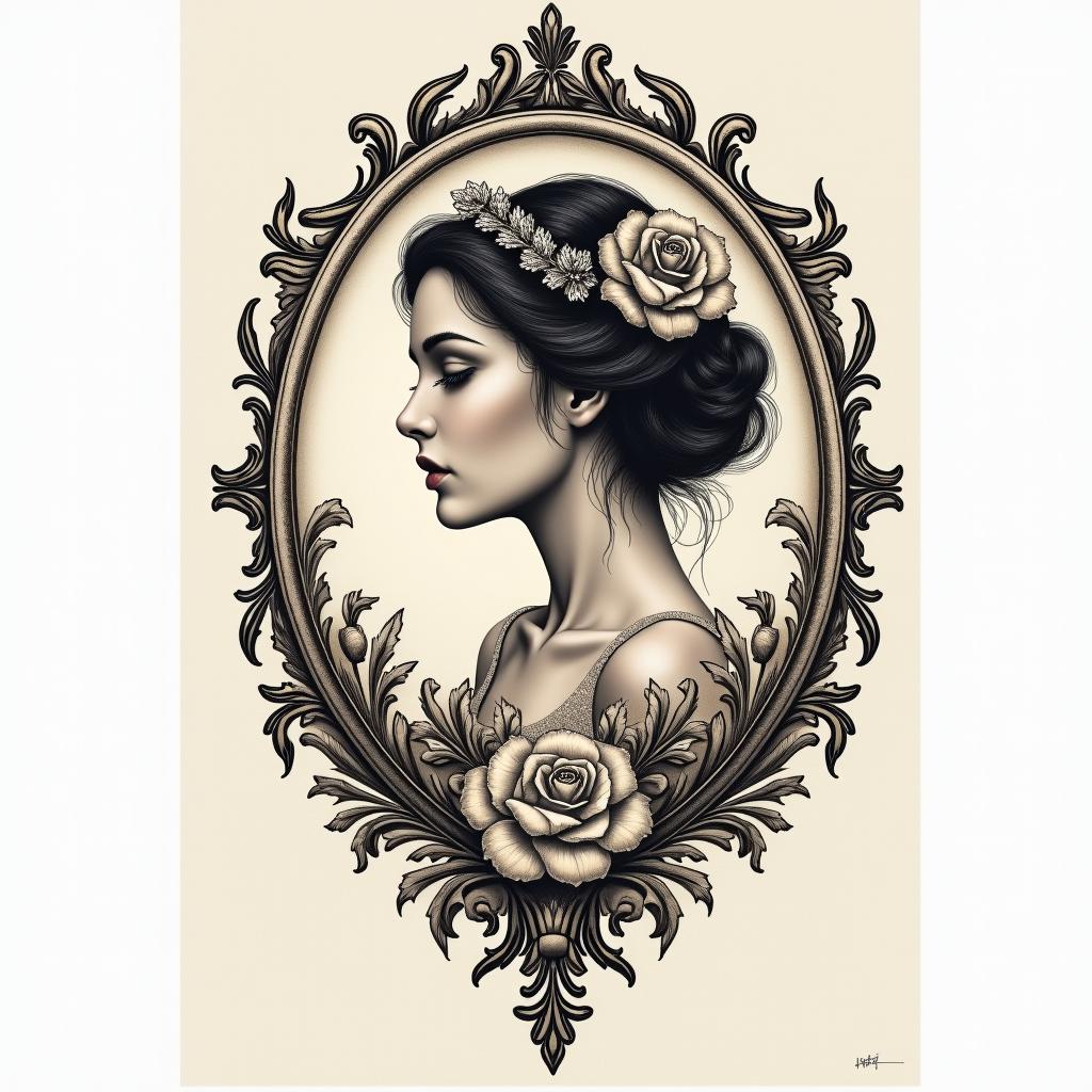 Cancerin victorian style tattoo, featuring vintage and elegant elements, ornate frames, roses, antique, sepia-toned color scheme - Variation 4