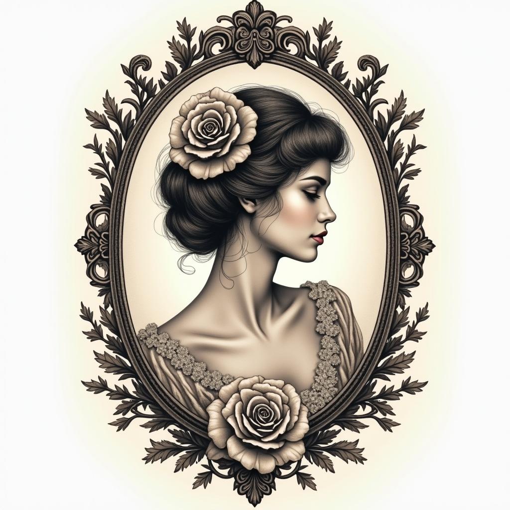 Cancerin victorian style tattoo, featuring vintage and elegant elements, ornate frames, roses, antique, sepia-toned color scheme - Variation 3