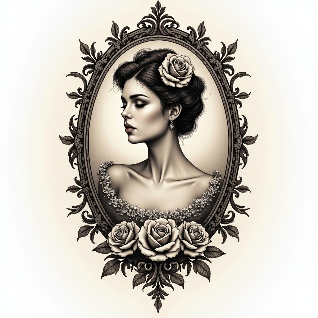 Cancerin victorian style tattoo, featuring vintage and elegant elements, ornate frames, roses, antique, sepia-toned color scheme - Variation 2