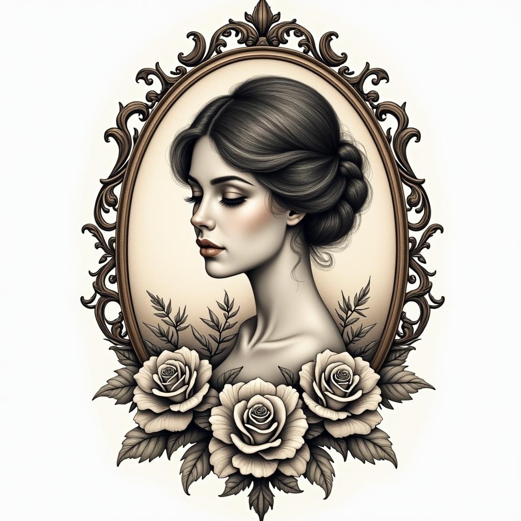 Cancerin victorian style tattoo, featuring vintage and elegant elements, ornate frames, roses, antique, sepia-toned color scheme