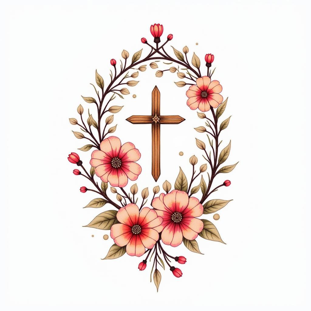 A meaningful tattoo design featuring delicate, colorful flowers such as daisies, forget-me-nots, and hibiscus intertwined with delicate vines, in shades of pink and orange. Incorporate a symbolic Cross, alongside elements representing sailing (like a small sailboat) and surfing (like a wave or surfboard), along with hearts and music notes. The style should blend watercolor and minimalist line art for a dainty and celebratory look, honoring joyous memories of love, hope, and life.higly detailed tattoo - Variation 2