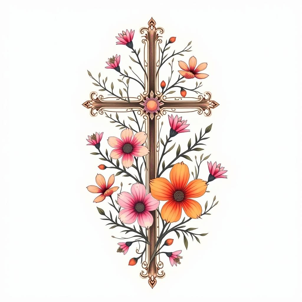 A meaningful tattoo design featuring delicate, colorful flowers such as daisies, forget-me-nots, and hibiscus intertwined with delicate vines, in shades of pink and orange. Incorporate a symbolic Cross, alongside elements representing sailing (like a small sailboat) and surfing (like a wave or surfboard), along with hearts and music notes. The style should blend watercolor and minimalist line art for a dainty and celebratory look, honoring joyous memories of love, hope, and life.higly detailed tattoo - Variation 4