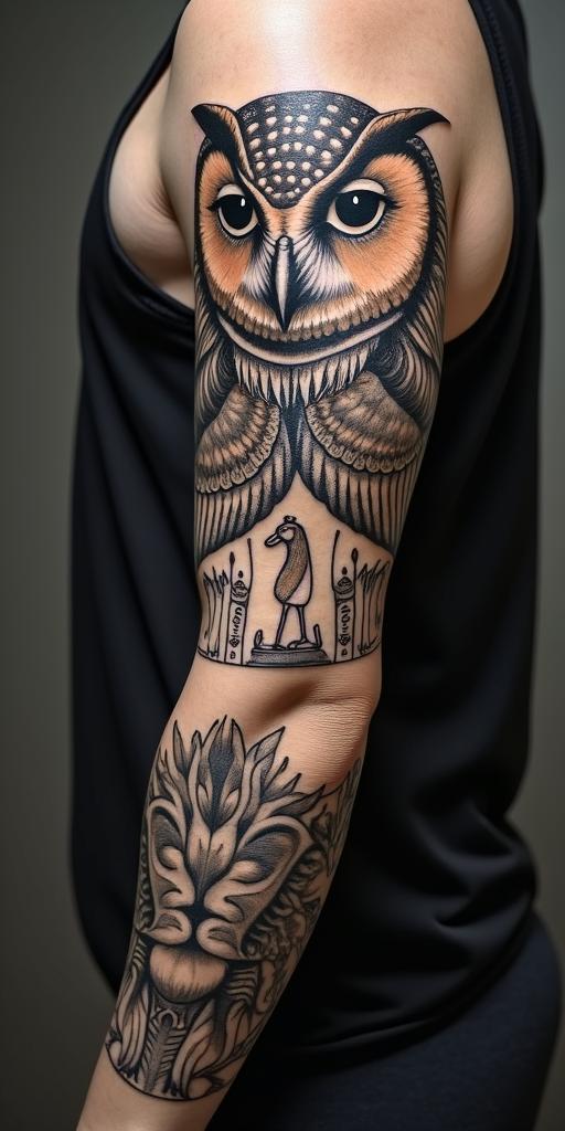 Owl and lion to represent courage and wisdomin egyptian style tattoo, bold elements of ancient egyptian culture including a portrait of an Egyptian pharaoh with detailed facial features, in hieroglyphs and symbolic imagery, eye of horus, ankh symbol, scarab beetle - Variation 2