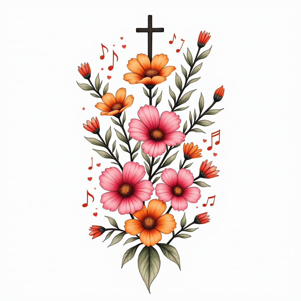 A meaningful tattoo design featuring delicate, colorful flowers such as daisies, forget-me-nots, and hibiscus intertwined with delicate vines, in shades of pink and orange. Incorporate a symbolic Cross, alongside elements representing sailing (like a small sailboat) and surfing (like a wave or surfboard), along with hearts and music notes. The style should blend watercolor and minimalist line art for a dainty and celebratory look, honoring joyous memories of love, hope, and life.higly detailed tattoo - Variation 3