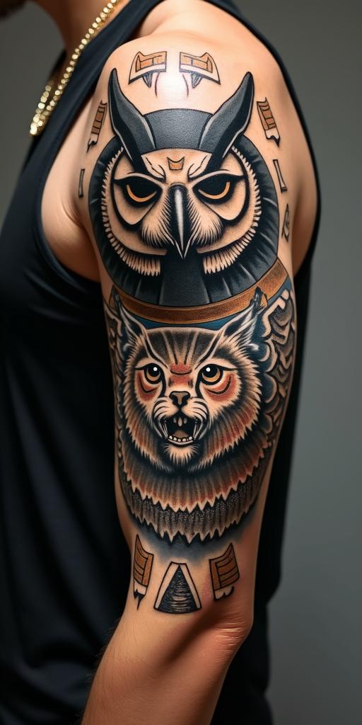 Owl and lion to represent courage and wisdomin egyptian style tattoo, bold elements of ancient egyptian culture including a portrait of an Egyptian pharaoh with detailed facial features, in hieroglyphs and symbolic imagery, eye of horus, ankh symbol, scarab beetle - Variation 3