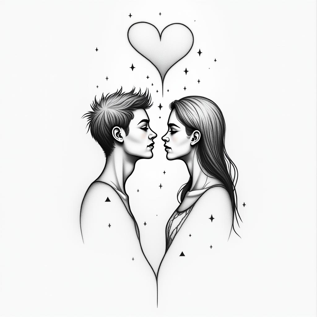 Couple tattoo that has experienced a lot.in minimalist style tattoo, featuring simple shapes and fine lines, with minimal shading and details, tiny triangles, creating a sense of balance and harmony - Variation 2