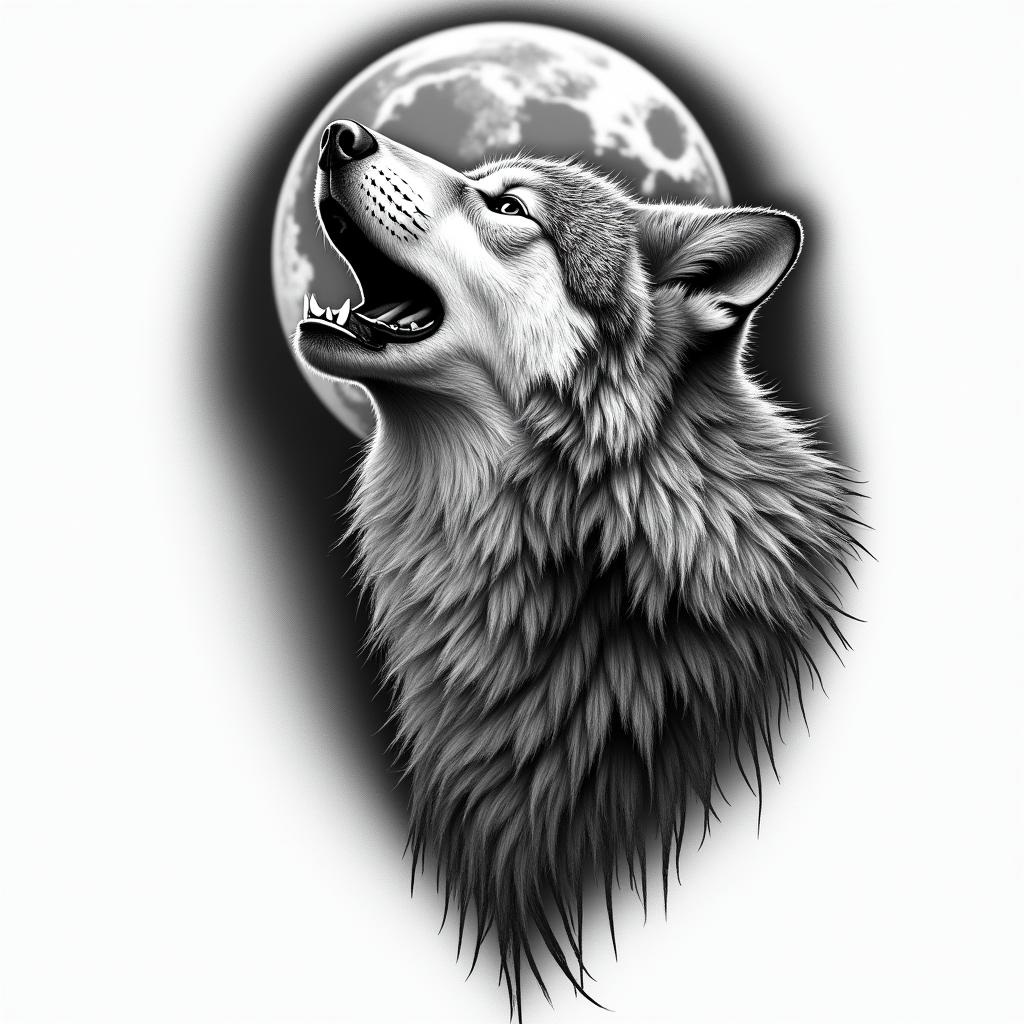 Howling wolf under a full moonhigly detailed tattoo - Variation 25