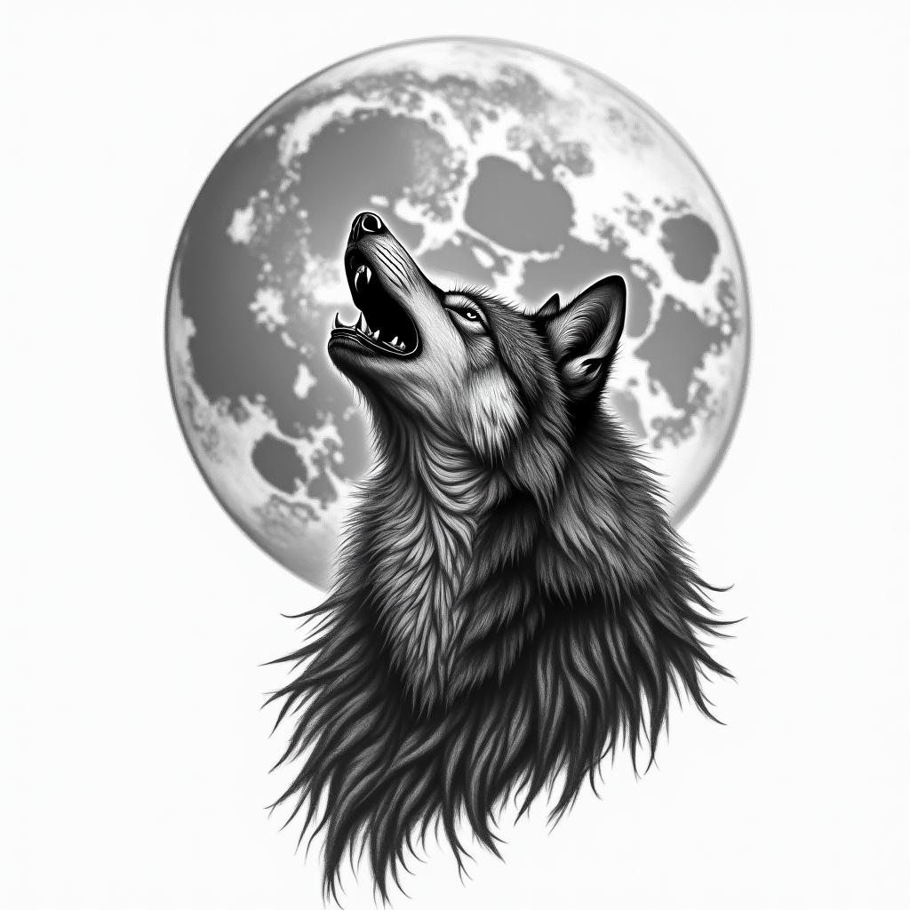 Howling wolf under a full moonhigly detailed tattoo - Variation 22